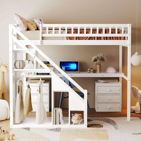 Nestfair White Twin Size Wood Loft Bed with Desk, 2 Chest of Drawers ...