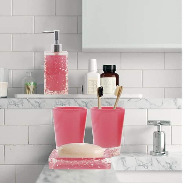 Resin Pink Bathroom Accessories Set 5 Pcs, Lotion Soap Dispenser Toothbrush  Holder Bathroom Tumbler Cotton Swab Jar and Multifunctional Tray, Bathroom