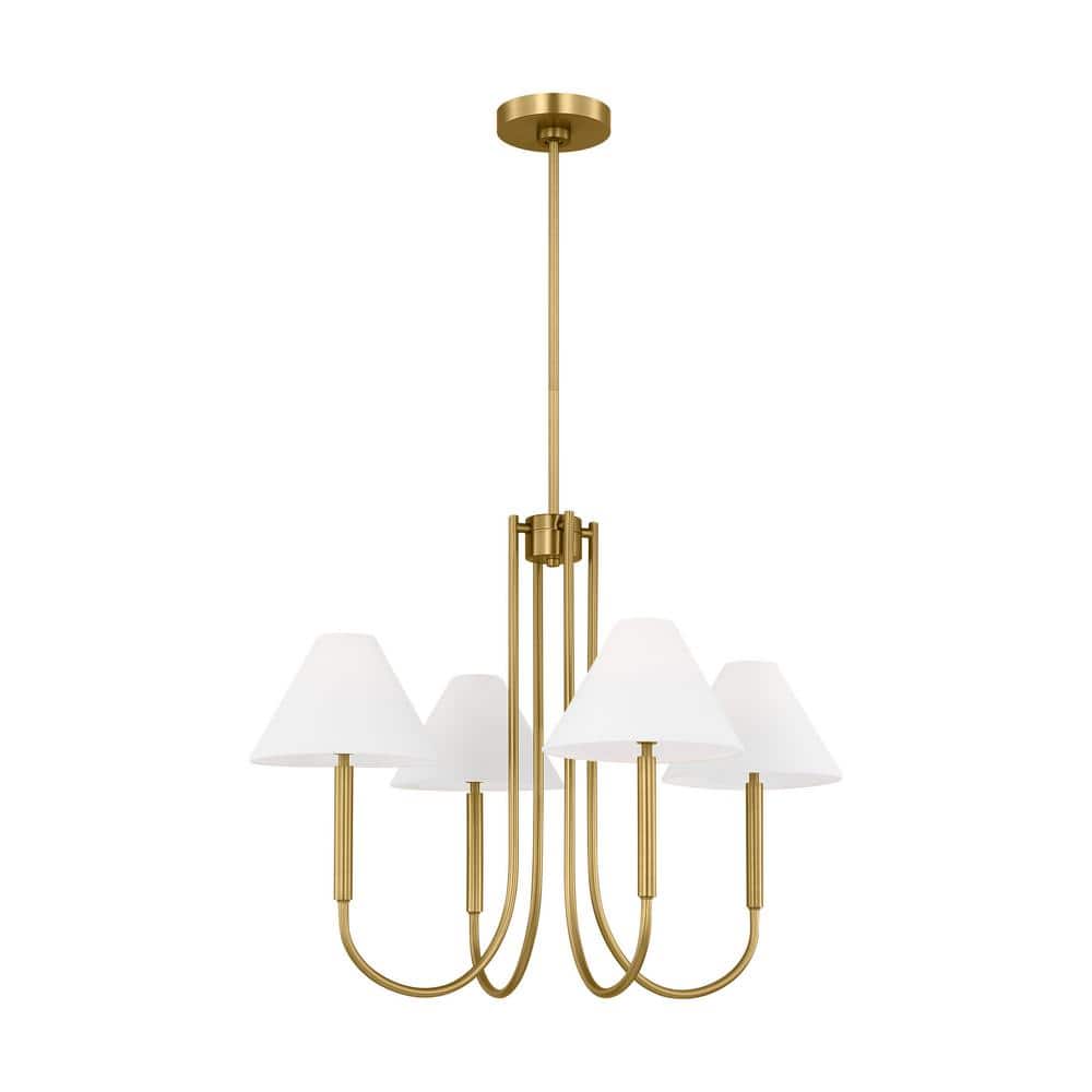 Satin Brass 5-Light Chandelier with White Linen Shades