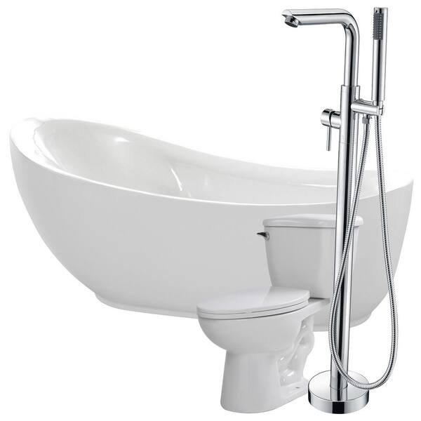 ANZZI Talyah 71 in. Acrylic Flatbottom Non-Whirlpool Bathtub in White with Sens Faucet and Kame 1.28 GPF Toilet