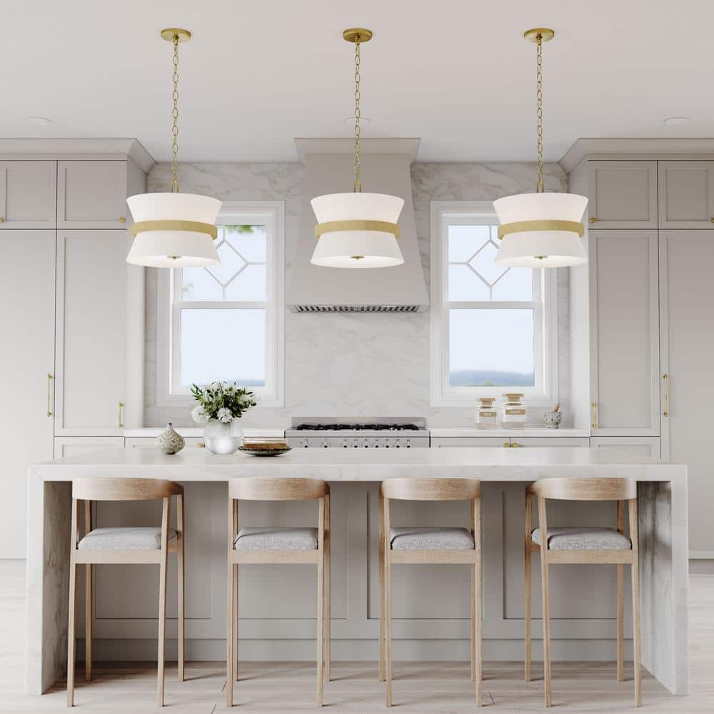 Vintage Brass Hourglass Pendant Light with White Drum Shade