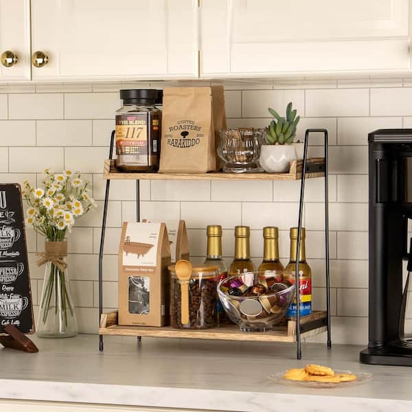 2-Tier Wooden Spice Racks for Coffee Bar Accessories and Condiment Storage in Kitchen, Home, Office, Brown (1-Pack)