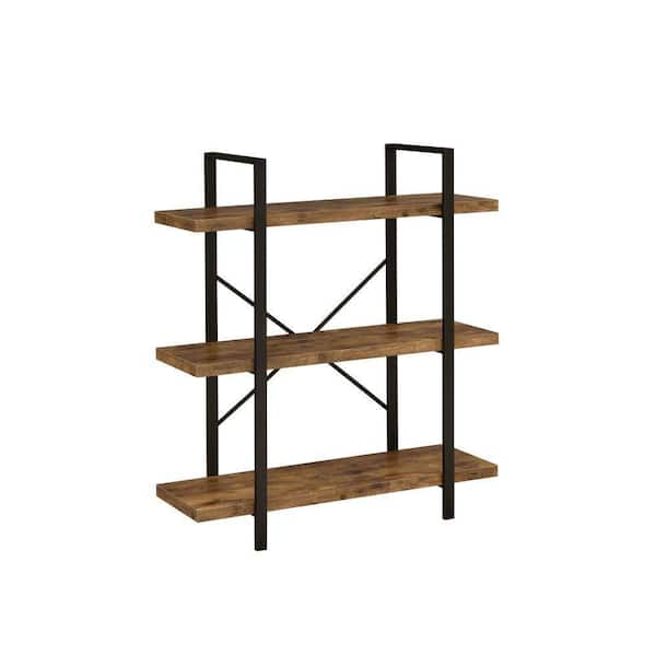 Benjara Ana 12.5 in. Rustic Brown and Black 3-Shelves Crossed Metal Design Bookcase