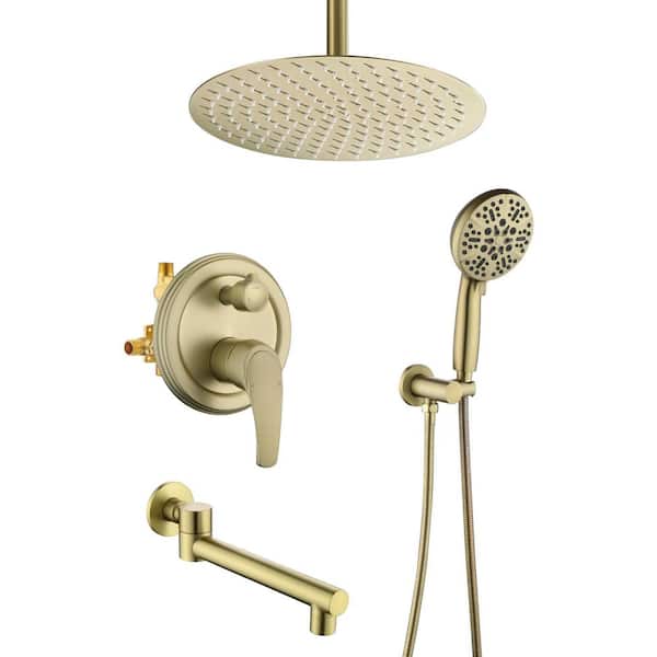 Single Handle 3-Spray Tub and Shower Faucet 2.5 GPM, 12 in. Head Shower and Hand Shower in Brushed Gold Valve Included