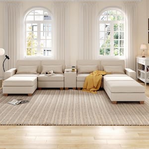 123 in. Wide Square Arm Linen U Shaped 7-Seats Sofa in Beige with Storage Compartments and Console