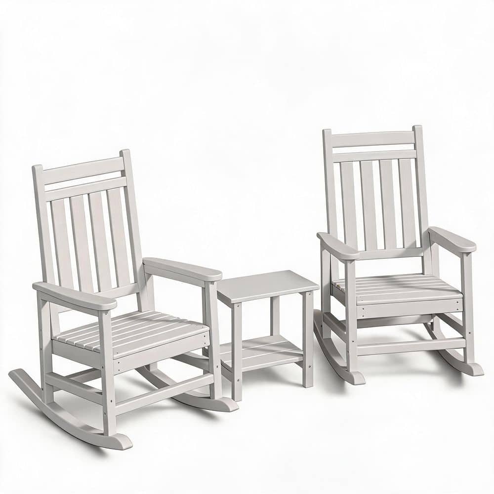 White 3-Piece Plastic Patio Conversation Seating Set with HDPE 2 Rocking Chairs and 1 Side Table for Porch, Garden