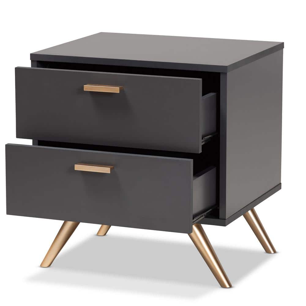 Kelson Dark Gray and Gold Wood 2-Drawer Nightstand