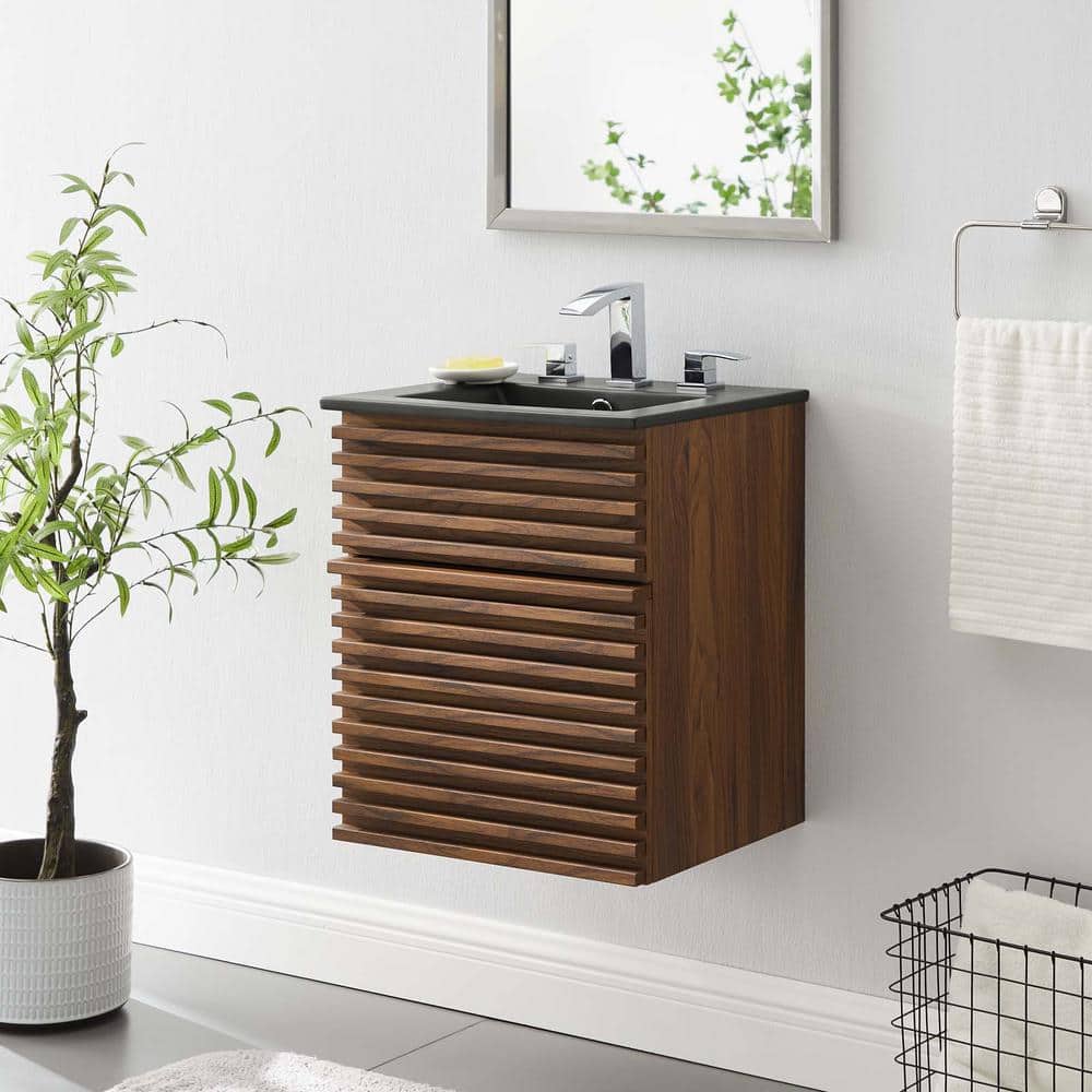 Render 18" Walnut Black Wall-Mount Bathroom Vanity with Ceramic Sink