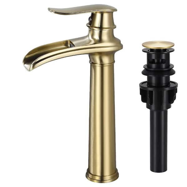 Single Handle Single Hole Bathroom Vessel Sink Faucet, Waterfall Bathroom Sink Faucet with Pop-Up Drain in Brushed Gold