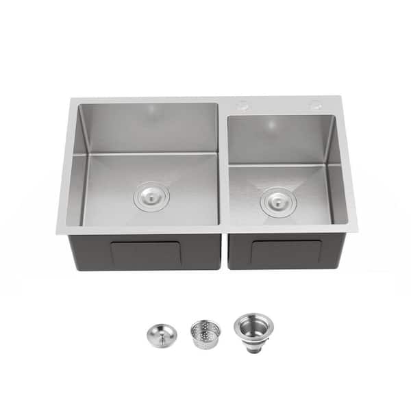32 in. Drop-In Double Bowl 20 Gauge Gunmetal Silver Stainless Steel Kitchen Sink
