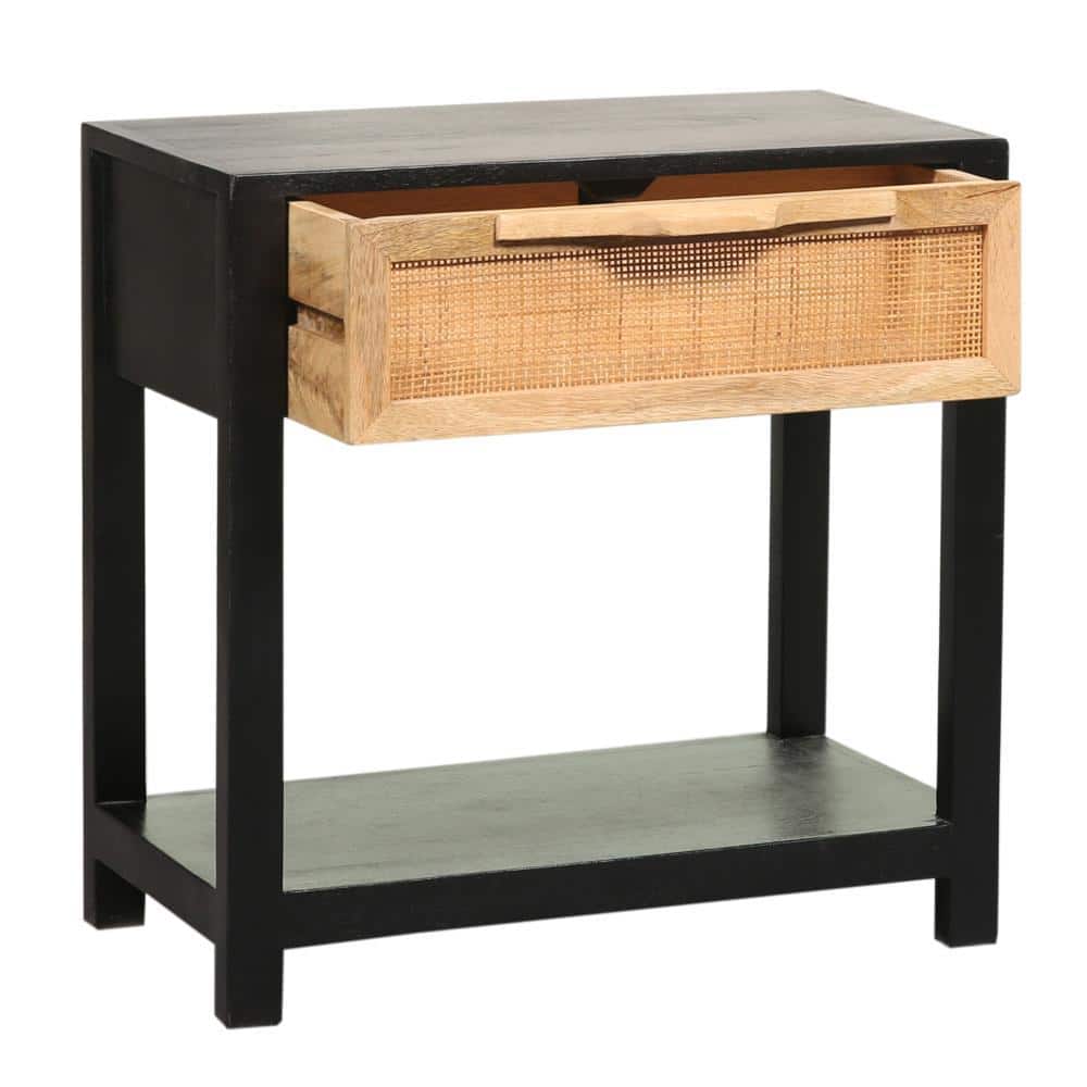 Tia 22 Inch Black Pine Wood Side Table with Rattan Drawer
