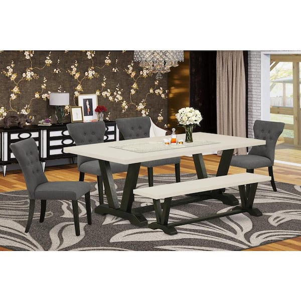 East West Furniture 6-Piece Rectangle Natural Oak Finish Solid Wood Top Dining Table with 1-Bench, 4-Chairs with Lattice Back