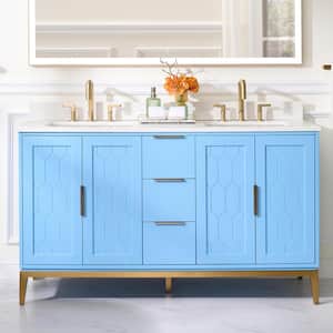 60 in. W x 22 in. D x 35 in. H Solid Wood Bath Vanity in Blue with White Quartz Top, Double Sink,Soft-Close Drawers,Door