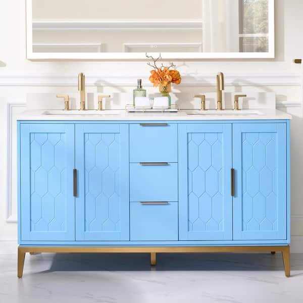 ANGELES HOME 60 in. W x 22 in. D x 35 in. H Solid Wood Bath Vanity in Blue with White Quartz Top, Double Sink,Soft-Close Drawers,Door