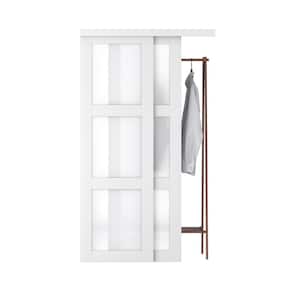 48 in. x 78.58 in. Glass White 3-Lites Frosted Primed MDF Sliding Door with Hardware Kit