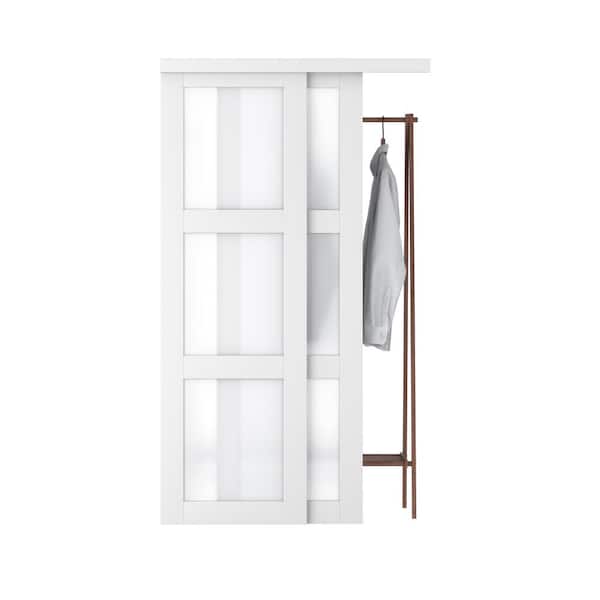 EH PUERTA 48 in. x 80 in. 3 Lites Frosted Glass MDF Closet Sliding Door with Hardware Kit