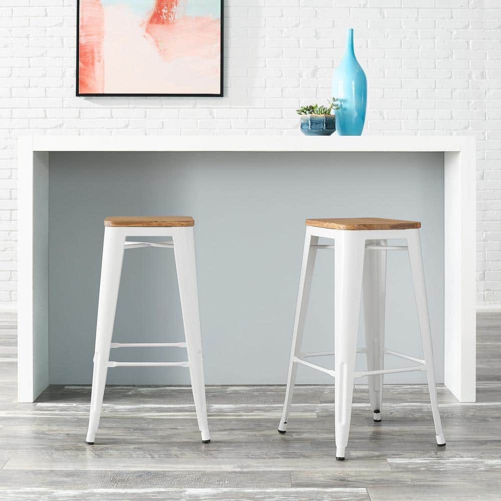 StyleWell Finwick White Metal Backless Bar Stool with Natural Wood Seat Set of 2 SW801 30 WHT The Home Depot