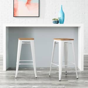 Finwick White Metal Backless Bar Stool with Natural Wood Seat (Set of 2)