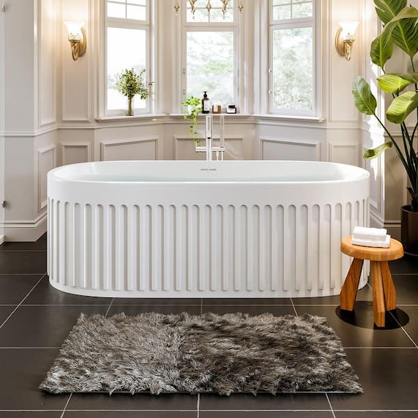 Eviva Cascade 67 in. X 30 in. Solid Surface Soaking Bathtub with Center Drain in White