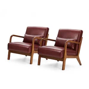 Mid-century Modern Red Leatherette Accent Armchair with Walnut Ruber Wood Frame (Set of 2)