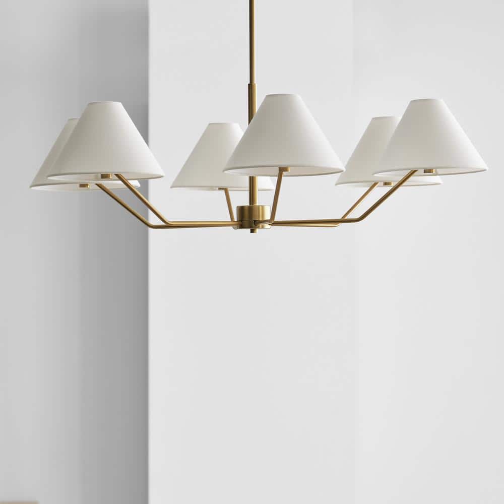 Elegant Mid-Century Satin Brass 6-Light Chandelier with White Linen Shade