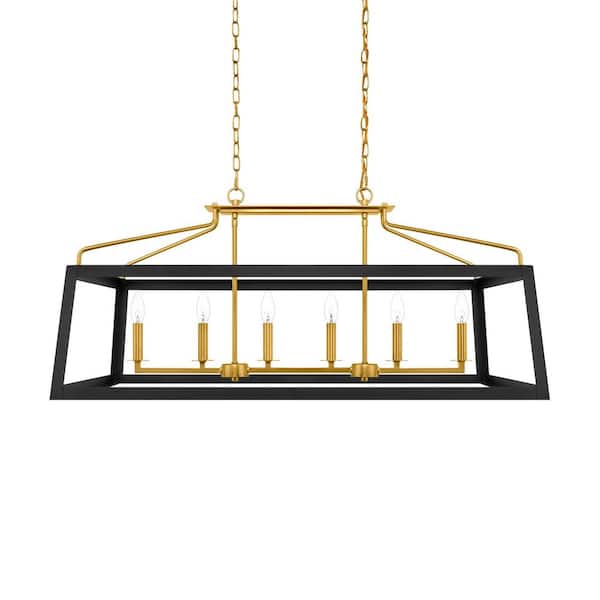 Hampton Bay Parley 6-Light Matte Black and Gold Linear Chandelier with Open Cage Shade