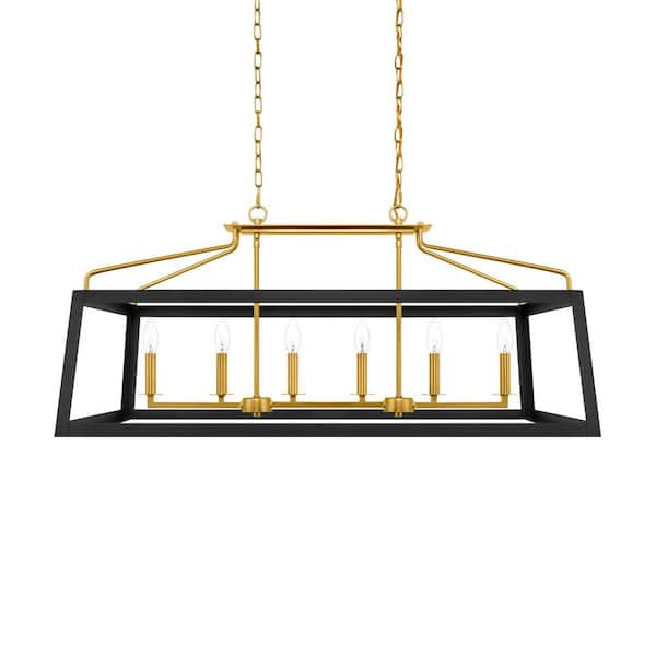 Parley 6-Light Matte Black and Gold Linear Chandelier with Open Cage Shade