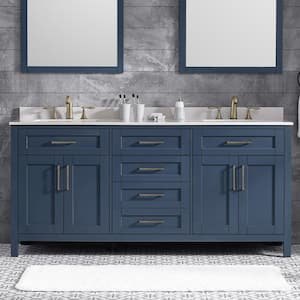 Tahoe 72 in. W x 21 in. D x 34 in. H Double Sink Bath Vanity in Midnight Blue with White Engineered Stone Top and Outlet