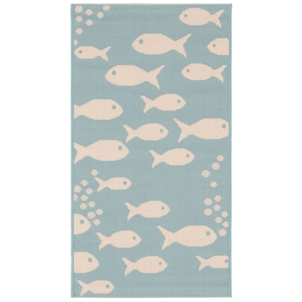 Courtyard Aqua/Beige 2 ft. x 4 ft. Novelty Fish Indoor/Outdoor Area Rug