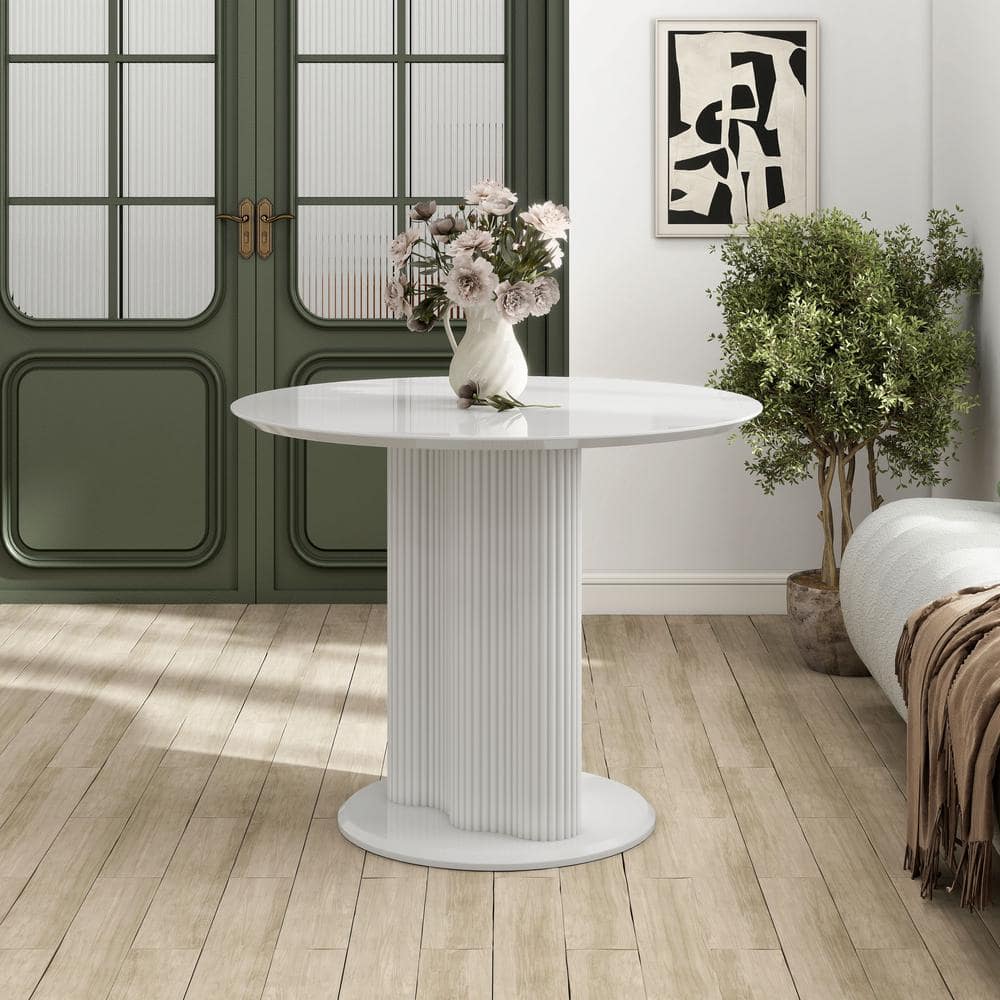 Modern White Round Marble Top Dining Table with Fluted Pedestal Base