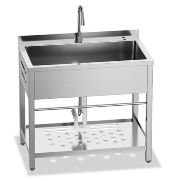 21.6 in. D x 33.5 in. W Freestanding Laundry/Utility Sink in Silver with Faucet, Cold Hot Water Pipe, Single Bowl