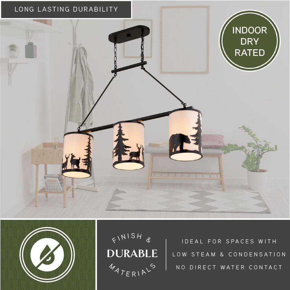 Acadia Bronze 3-Light Rustic Linear Chandelier with Linen Shades