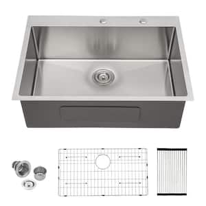 33 in. Drop-In Single Bowl 16-Gauge Brushed Stainless Steel R10 Round Corner Kitchen Sink with Bottom Grid
