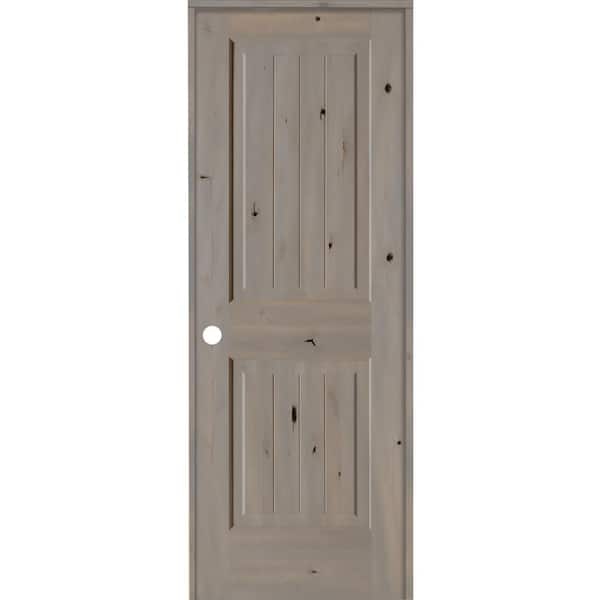 Krosswood Doors 28 in. x 80 in. Knotty Alder 2 Panel Right-Hand Square Top V-Groove Grey Stain Solid Wood Single Prehung Interior Door