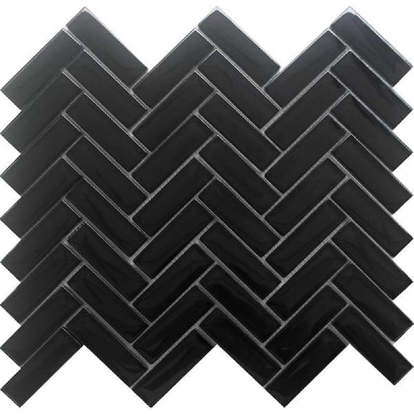 Apollo Tile Black 4 in. x 5 in. Polished Herringbone Glass Mosaic Tile Sample (0.13 sq. ft./Piece)