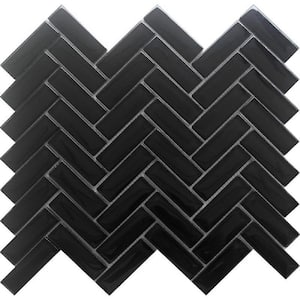Black 11 in. x 12.6 in. Herringbone Polished Glass Mosaic Tile (4.81 sq. ft./Case)