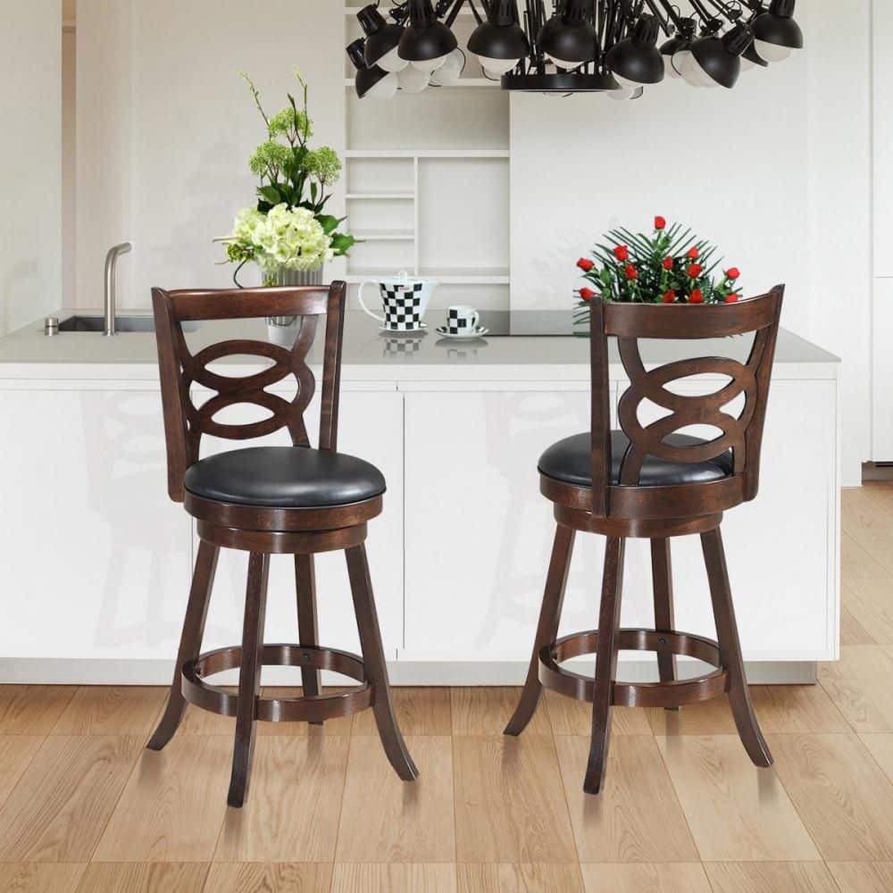 Costway Brown+ Black 24 in. Height Wooden Swivel Backed Bar Stools ...