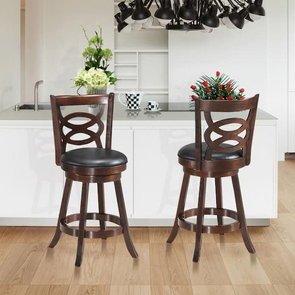 Costway Brown+ Black 24 in. Height Wooden Swivel Backed Bar Stools Dining Chair Home Kitchen(Set of 2)