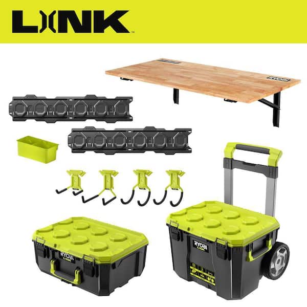 LINK 7-Piece Wall Storage Kit, Stowaway Folding Workbench Table, Rolling Tool Box, and Medium Tool Box Combo