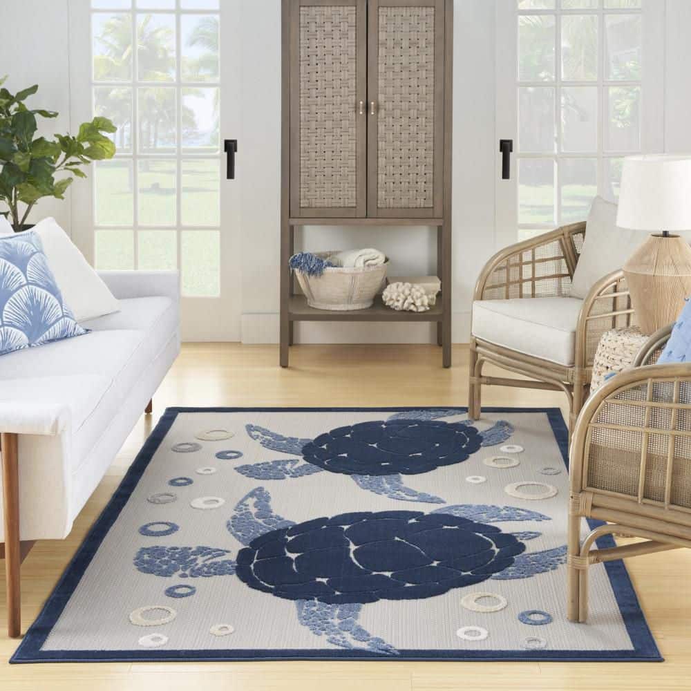 Navy Blue Coastal Turtle Outdoor Area Rug 5'3" x 7'5"
