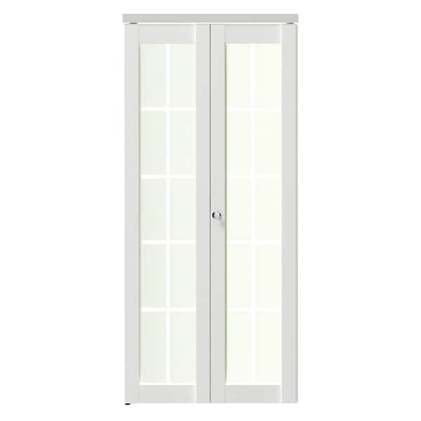 TENONER 36 in. x 80 in. Frosted Glass, Solid Core, White, 10-Lite, MDF Wood, PVC Covering Bi-Fold Doors with Hardware Kits
