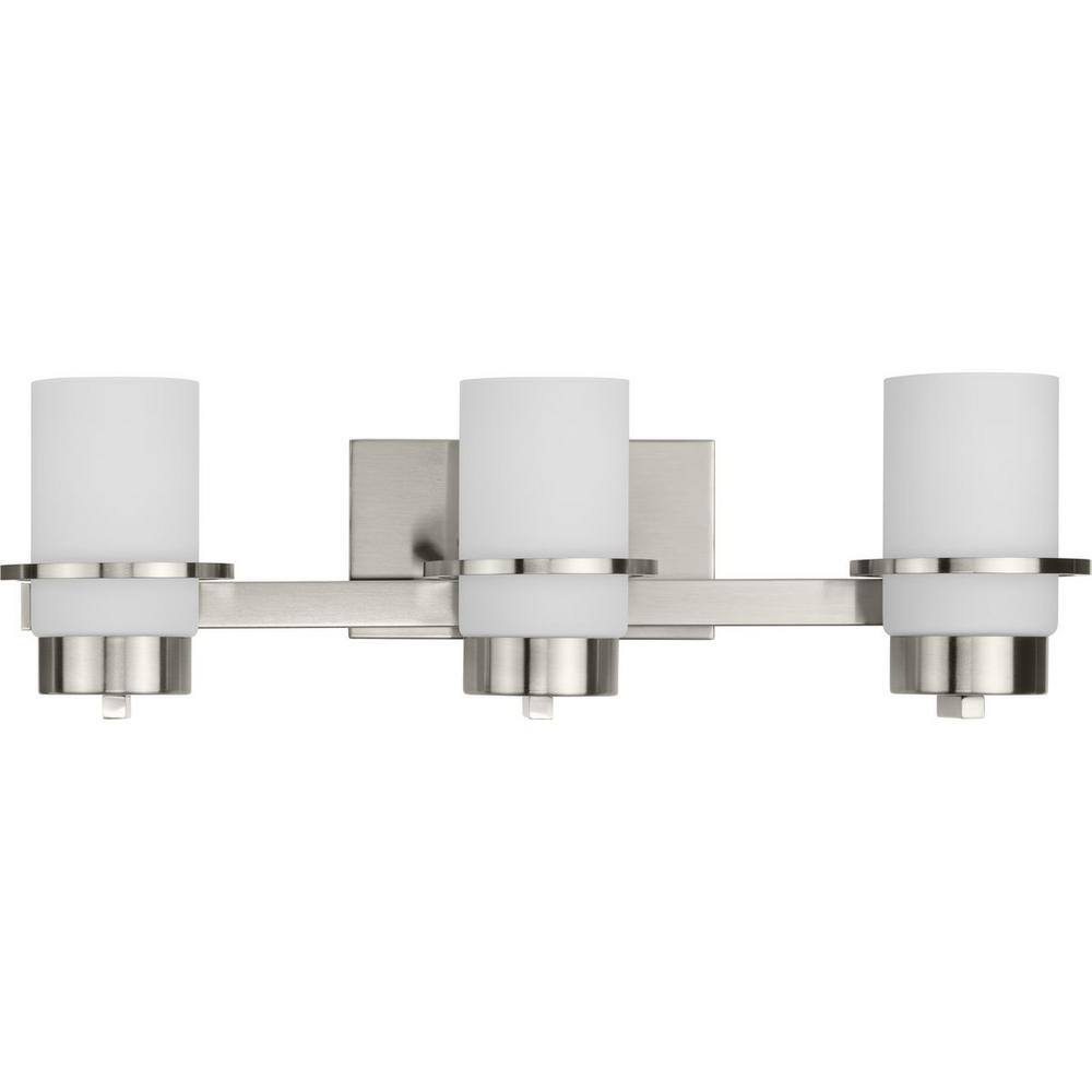 Brushed Nickel 3-Light Vanity Fixture with White Glass Shades