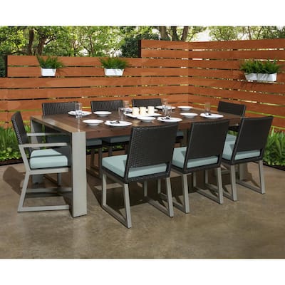 Milo Espresso 9-Piece Wicker Outdoor Dining Set with Sunbrella Spa Blue Cushions