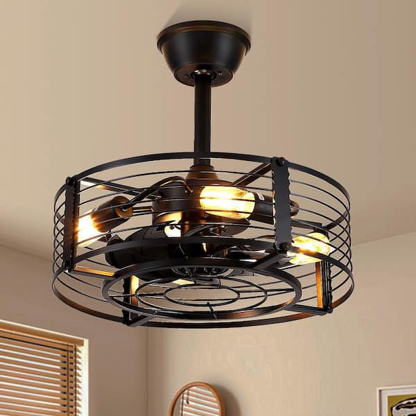 Kviflon 18 in. Indoor Caged Small Black Ceiling Fans with Lights and Remote Industrial Fandelier