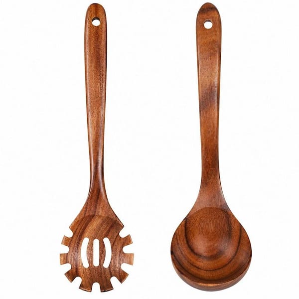 Wooden Spoons for Cooking, Pasta Fork and Ladle Spoon Set, Natural Teak Wood Non-Stick Kitchen Utensils