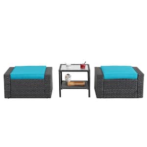 Black PE Rattan Wicker Outdoor Ottoman Set with Blue Cushion and Coffee Table