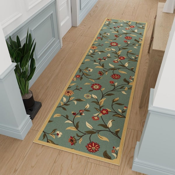 Ottohome Collection Non-Slip Rubberback Leaves 3x10 Indoor Runner Rug, 2 ft. 7 in. x 9 ft. 10 in.,Dark Seafoam Green