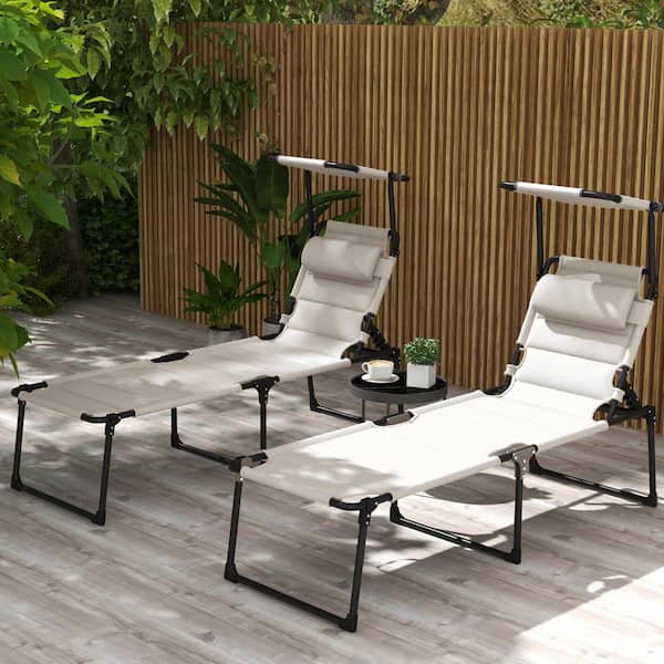 Outdoor Adjustable Back Folding Metal Lawn Chairs with Sun Canopy and Pillow Headrest, Cream White (2-Piece)