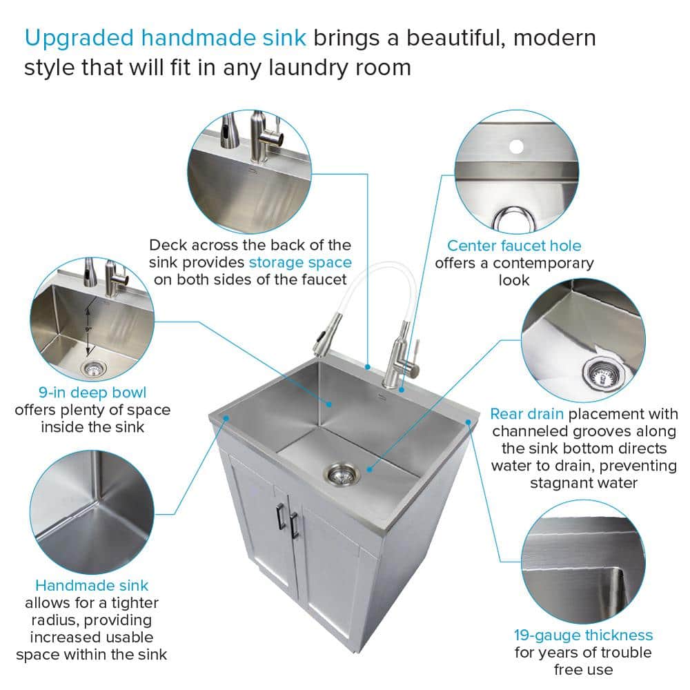 24-Inch White and Stainless Steel Freestanding Laundry Sink with Faucet
