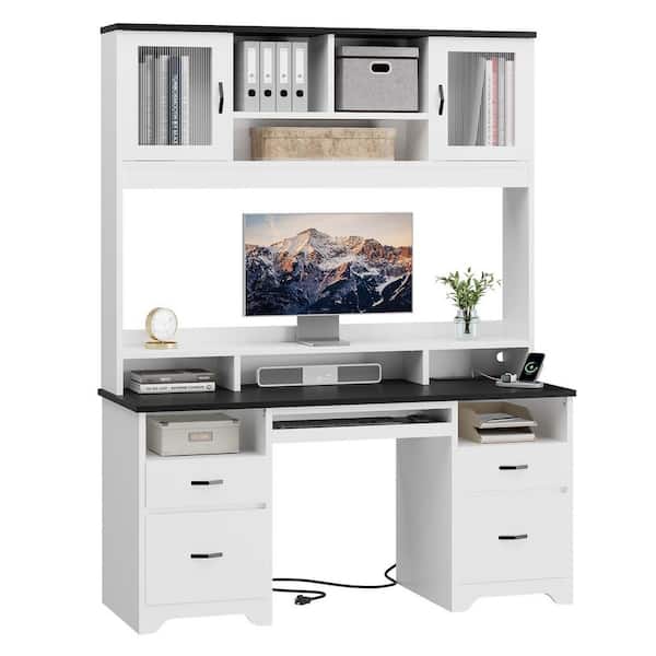59 in. Rectangular Black White Ergonomic Computer Desk with Hutch and Power HubOffice Desk with Keyboard Tray, LED Light